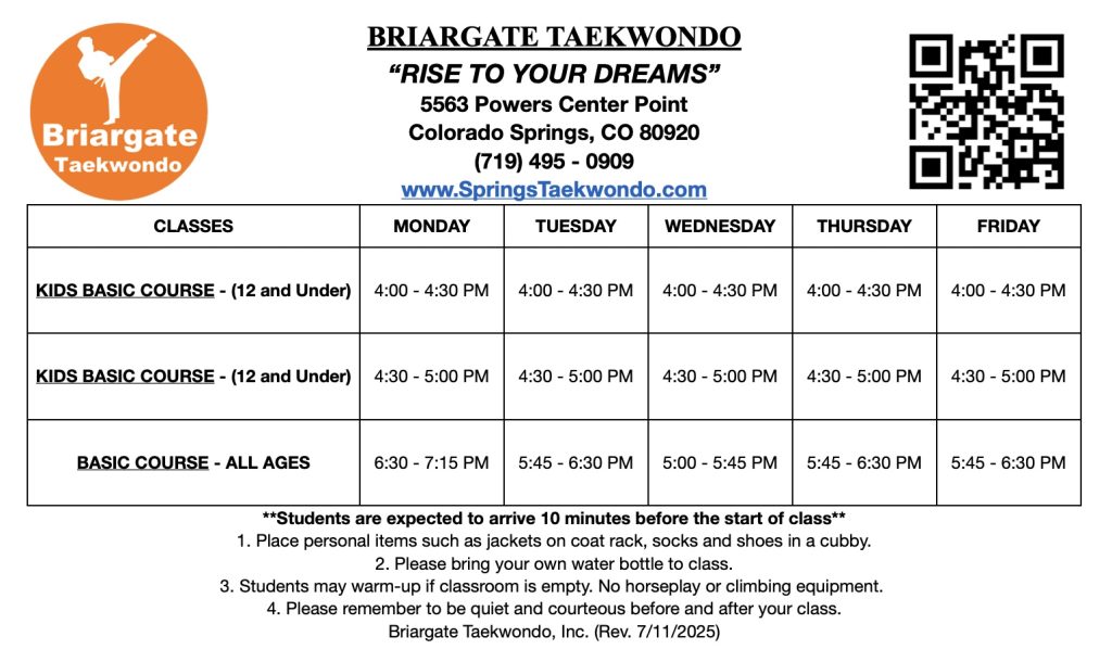 Basic Course Schedule | Briargate Taekwondo | Updated 08/25